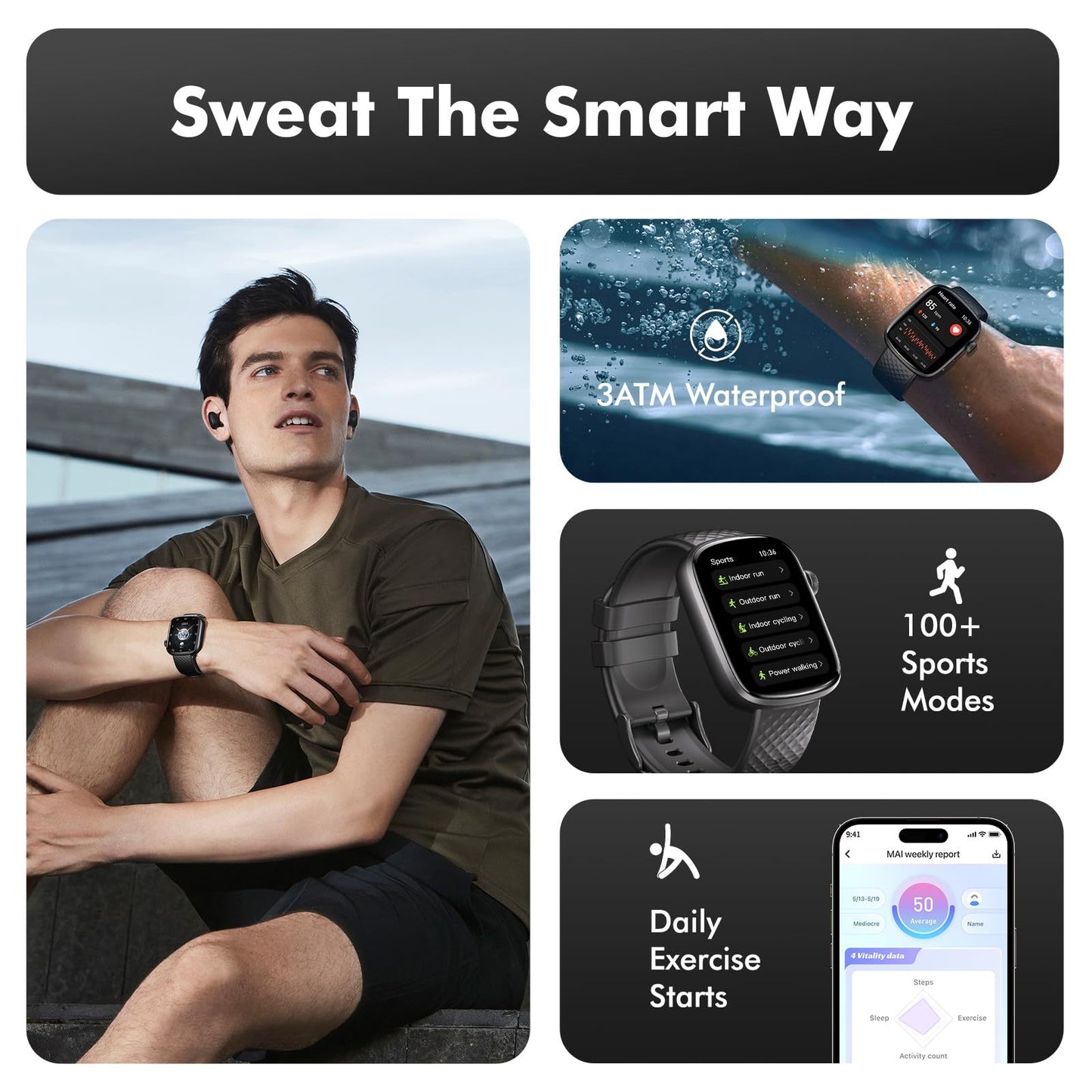 Bluetooth Smartwatch with HD Screen, Heart Rate & SpO2 Monitor – Waterproof Fitness Tracker